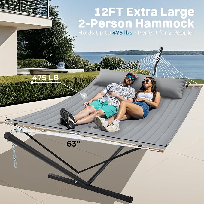 SUPERJARE Hammock with Stand, 2 Person Quilted Outdoor Hammock, Detachable Pillow & Bamboo Spreaders, Portable Hammock with Carrying Bag, Heavy Duty Stand, Perfect for Outside, Patio, Gray