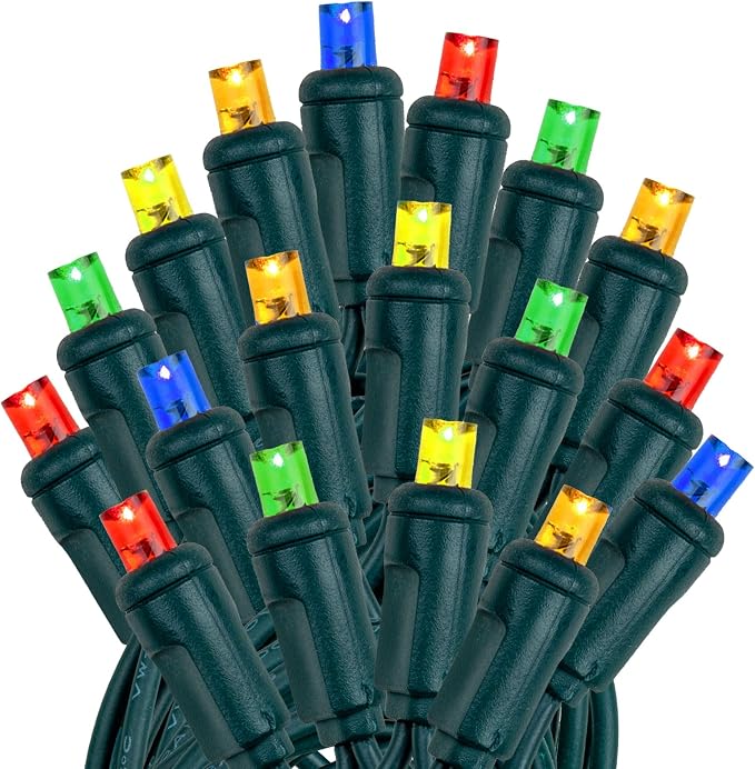 Novelty Lights 12-Pack, 50 Feet 100 LED Multicolor Christmas Mini Light String on Green Wire, 5mm Wide Angle Bulbs, Connectable, Indoor/Outdoor Decor, UL Listed