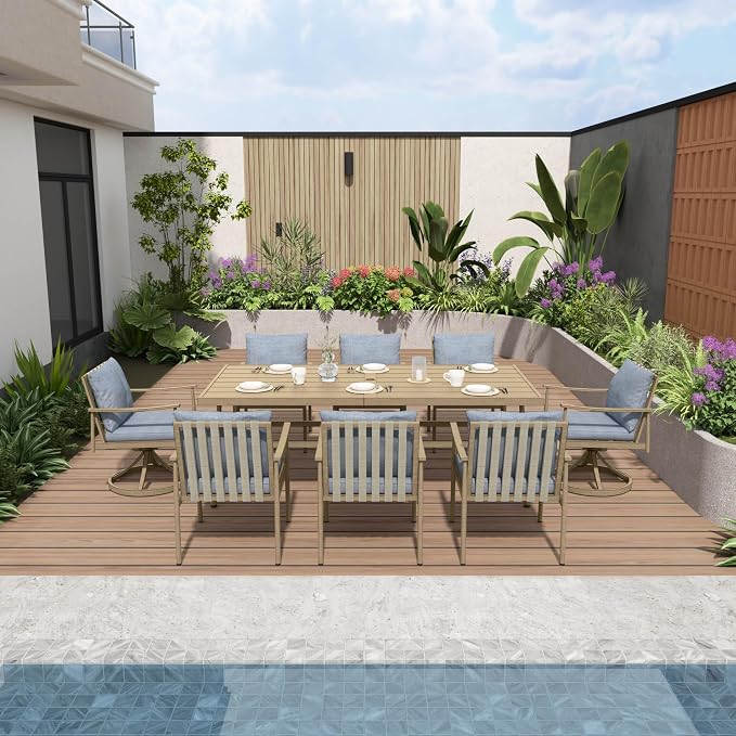 9-Piece Outdoor Dining Set for 8, Aluminum Dining Set with Cushions, 6 Dining Chairs and 2 Swivel Chairs with Rope Backrest,Large Rectangular Table with Umbrella Hole for Lawn Porch Yard,Brown