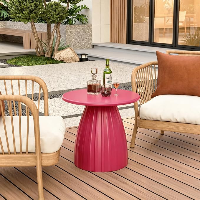 Round Metal Outdoor Patio Side Table, Steel Outdoor Accent Table, Small Patio End Table, for Garden, Pool, Yard, Balcony, Living Room, Deck, Weather Resistant, No Assembly, Pink