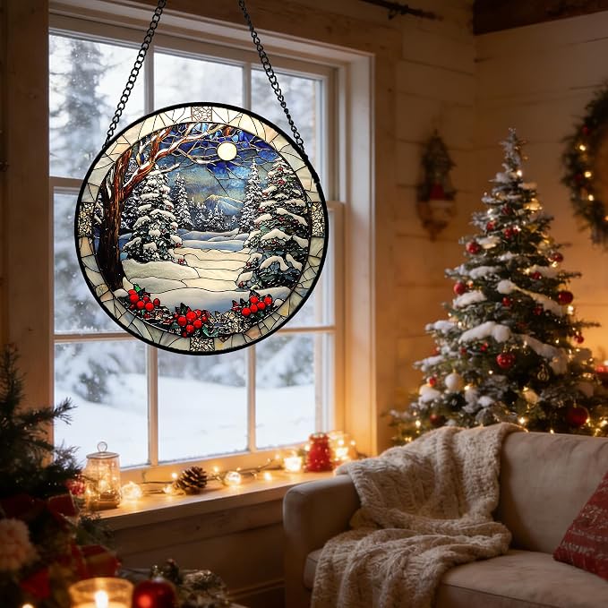 DASTOLL Stained Glass Window Hanging Christmas Tree Winter Snow Night Scenery Large 14.9" - Suncatcher Door Garden Kitchen Sun Catcher Home Decor Birthday for Mom Men Woman Friend