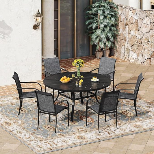 VICLLAX 7 Pieces Patio Outdoor Dining Set, 47.2" Round Metal Table with Umbrella Hole and Storage Shelf, 6 Stackable Textilene Chairs for Patio, Lawn, Garden, Porch, Black/Grey