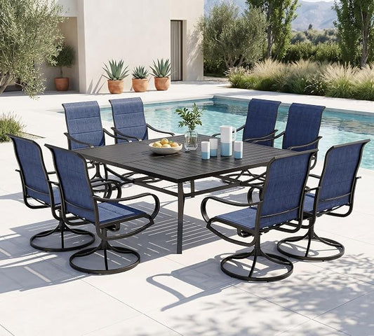 PHI VILLA Outdoor Dining Set for 8, Metal Table & Padded Swivel Chairs，Blue | High back chairs，All weather reistant, Square table, 8 person, Umbrella hole, Patio deck backyard