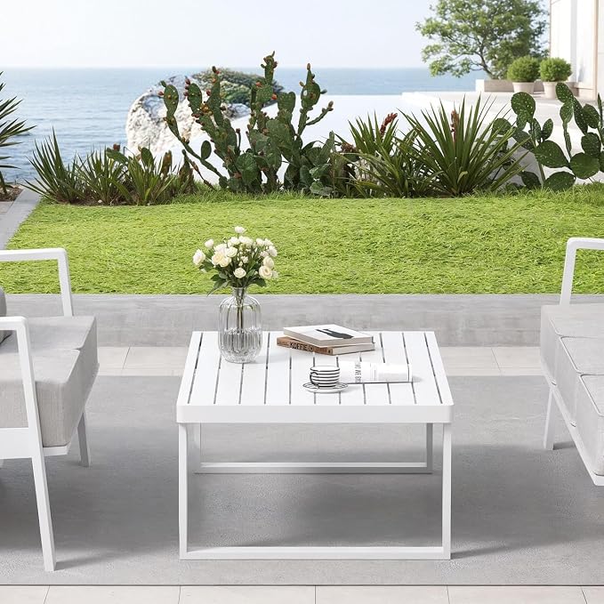 Aluminum Outdoor Patio Coffee Table for for Deck, and Poolside (White, All-Aluminum)