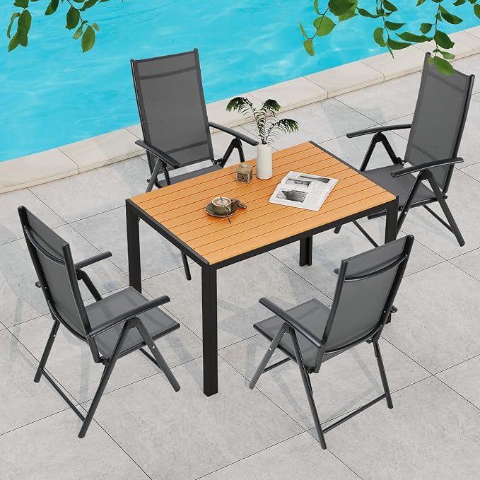 TLSUNNY Outdoor Dining Table 43×28in，Rectangle Patio Dining Table with Aluminum Frame & WPC Tabletop, Weather Resistant, Ideal for Patio, Garden, Porch, Brown