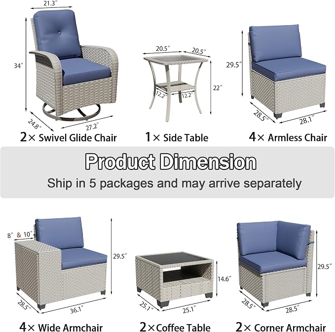 15-Piece Outdoor Patio Furniture Set, Modular Sectional Sofa Set with Swivel Rocker Chairs, Wicker Outdoor Couch Conversation Sets w/Coffee Table and Cushions, Blue