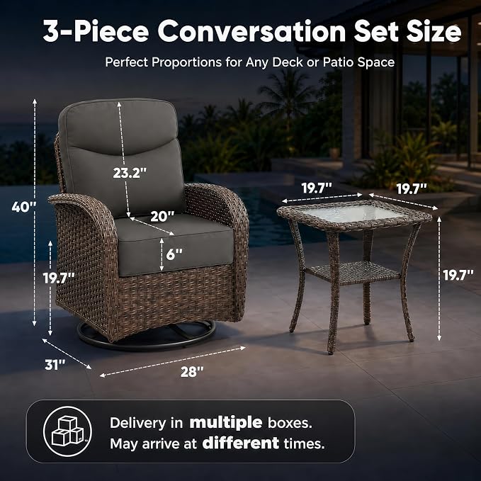 HUMMUH Outdoor Swivel Rocker Patio Conversation Set, 3-Piece, High Back | 6 in seat and back cushions, PE rattan, steel frames, 350 lb chair capacity, for deck, yard, and poolside