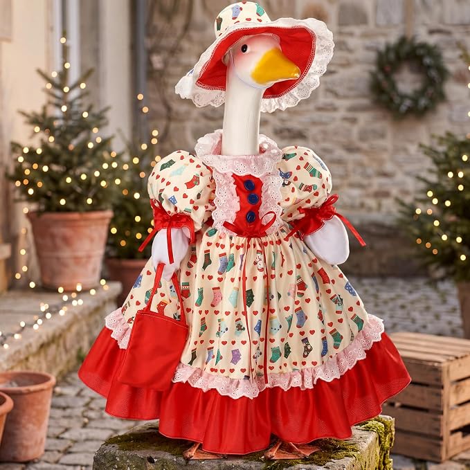 Suzile Christmas Porch Goose Outfit Holiday Geese Costume for 23" High Cement or Plastic Goose Clothes for Yard Lawn Outdoor Garden Patio Duck Statue Christmas Sock Dresses Winter Santa Party Decor