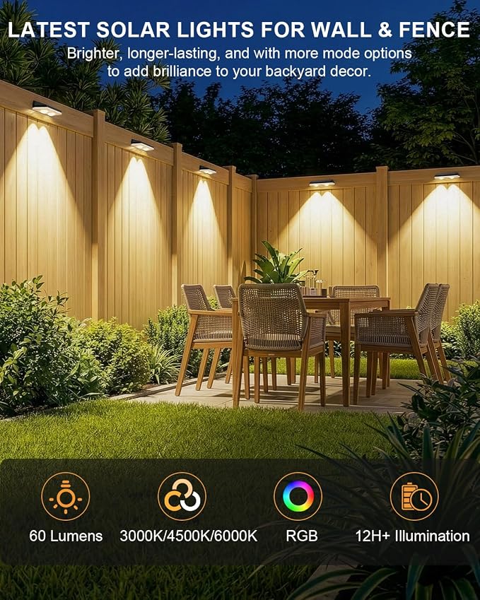 Solar Fence Lights Outdoor,3000/4500/6000K/RGB 13 Mode 12PACK Fence Lights Solar Powered High Brightness LED Lens IP65 Waterproof Solar Wall Light for Outside/Patio/Step/Backyard/Railing Pool/Deck