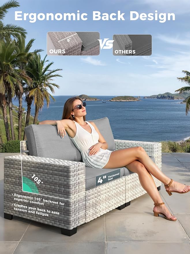 13 Piece Outdoor Wicker Sectional Sofa Set with Swivel Chairs & Fire Pit Table, 9-Seats with 4" Thickened Cushions & Coffee Table, All-Weather PE Rattan for Garden, Backyard, Porch, Gray