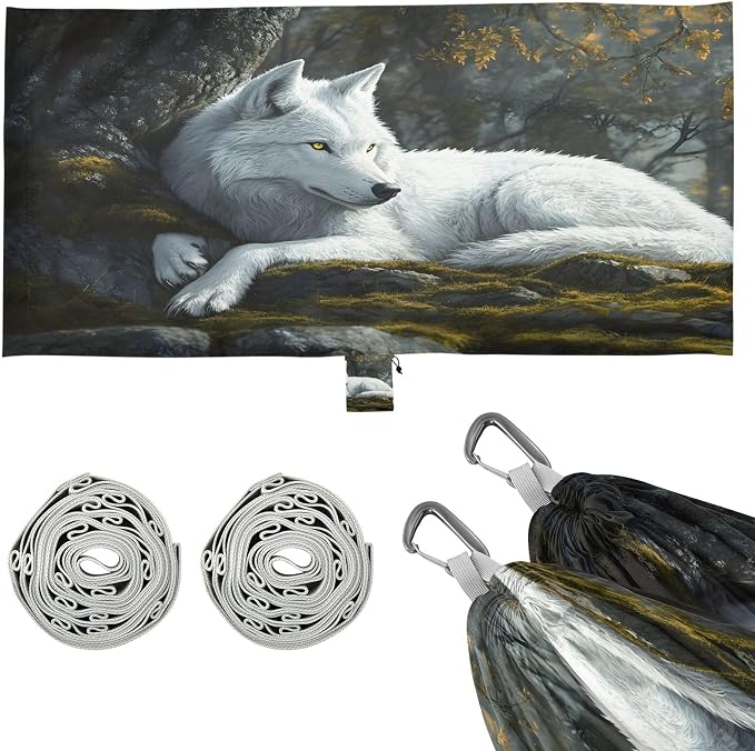 White Wolf in Forest Camping Hammock, Portable Lightweight Single Hammock with 3 Straps and Aluminum Carabiners, 114" x 54" Travel Hammock for Hiking Backpacking Beach