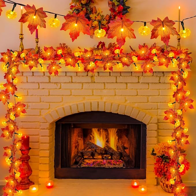 Timer&3 Pack Fall Decor Fall Garland with Pumpkin Lights 30Ft 60LED | Patented Realistic Maple Leaves Pumpkin Garland Battery Operated Fall Halloween Thanksgiving Decorations for Home Outdoor