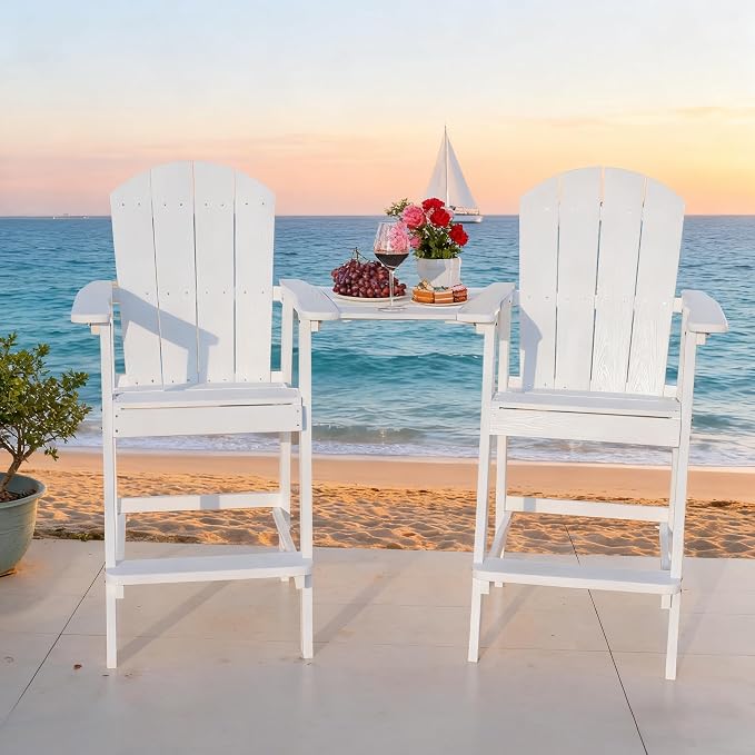 Outdoor Tall Adirondack Chairs Set of 2,Outdoor Bar Height Barstools Widened Chair with Wood Grain,High Backrests,Ideal for Patio,Camping,Pool,Outdoor Use.(White)