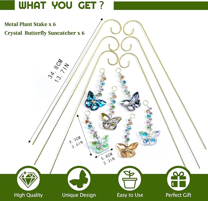 6 Pcs Colorful Butterfly Crystal Suncatcher Garden Plant Stake Plant Stake | Crystal Butterfly Garden Stakes Plant Suncatcher with Golden Trellis Indoor Outdoor Garden Sun Catchers Decor