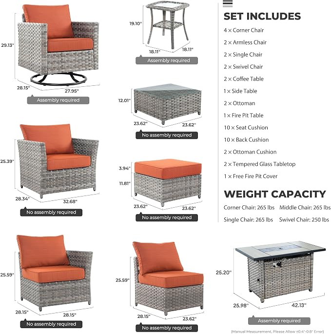 CAODOC 16 Pieces Patio Furniture Conversation Set with 42" Fire Pit Table Rocking Chair Outdoor Sectional Gray Wicker Sofa Set