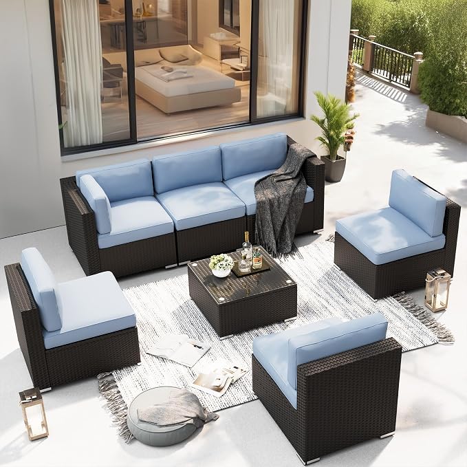 Betterland 7 Piece Outdoor Sectional Sofa Patio Furniture Set, All-Weather PE Rattan Wicker Patio Conversation Set with Washable Cushion and Glass Table(Haze Blue)