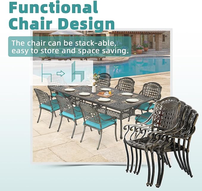 MEETWARM 9-Piece Outdoor Patio Dining Set for 8, All Weather Cast Aluminum Patio Funiture Table and Chairs Set- 94.5” Rectangular Table and 8 Cushioned Chairs for Garden, 2" Umbrella Hole, Ocean Blue