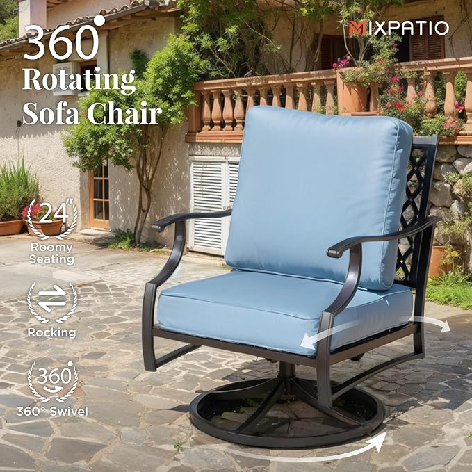 MIXPATIO Patio Furniture Set 4 pcs, Metal Outdoor Patio Furniture, 3-Seat Sofa, 2 Swivel Chairs, Coffee Table and 5.75" Extra Thick Cushion, Patio Conversation Set for Garden Backyard Deck,Blue
