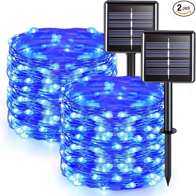 JMEXSUSS 2 Pack Solar Fairy Lights, 33ft 100 LED Solar String Lights, Blue | Outdoor Waterproof, 8 Modes Copper Wire Mini Christmas Lights for Outside Patio Garden Tree Christmas Decorations