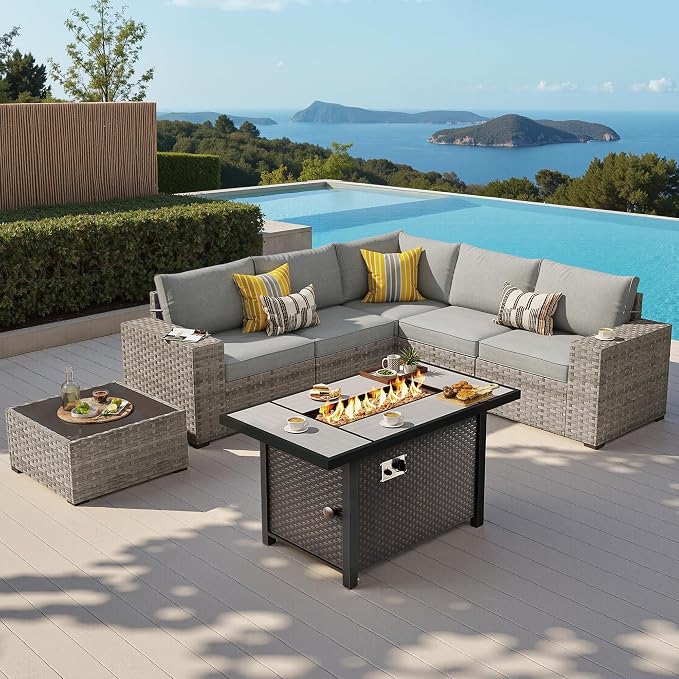 7-Piece Patio Furniture Set, Outdoor Wicker Rattan Patio Furniture Sectional Set with Coffee Table, All Weather Outdoor Fire Pit Conversation Set for Porch Backyard Balcony Garden, Dark Gray