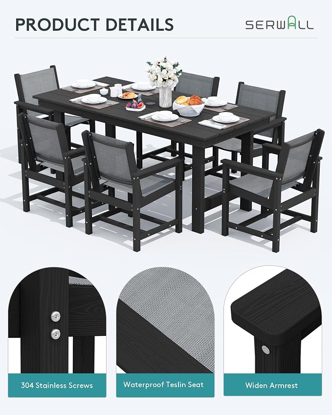 SERWALL 7 Pcs HDPE Patio Dining Set with 1 Table & 6 Woven Chairs, Gray | HDPE Outdoor Dining Set with Rectangular Table & 6 Woven Chairs, All-Weather Patio Dining Furniture