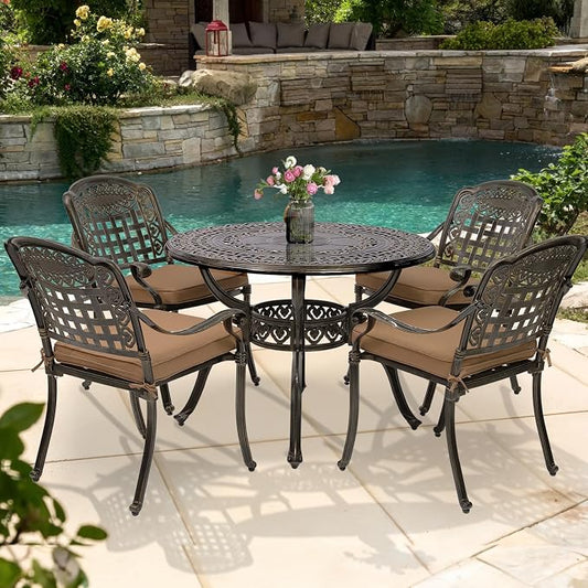 5-Piece Outdoor Patio Dining Set, All-Weather Cast Aluminum Patio Furniture Set for Backyard Garden Deck with 4 Chairs, 4 Cushions and 38.5" Round Table, 2" Umbrella Hole
