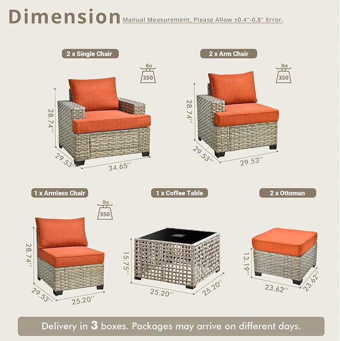 Weaxty 8 Pieces Outdoor Furniture Set, Patio Sectional Sofa Wide Seats Couch Chair with Ottoman Solar Table, Thick Cushion All-Weather Rattan Patio Conversation Sets for Backyard Porch Deck, Orange