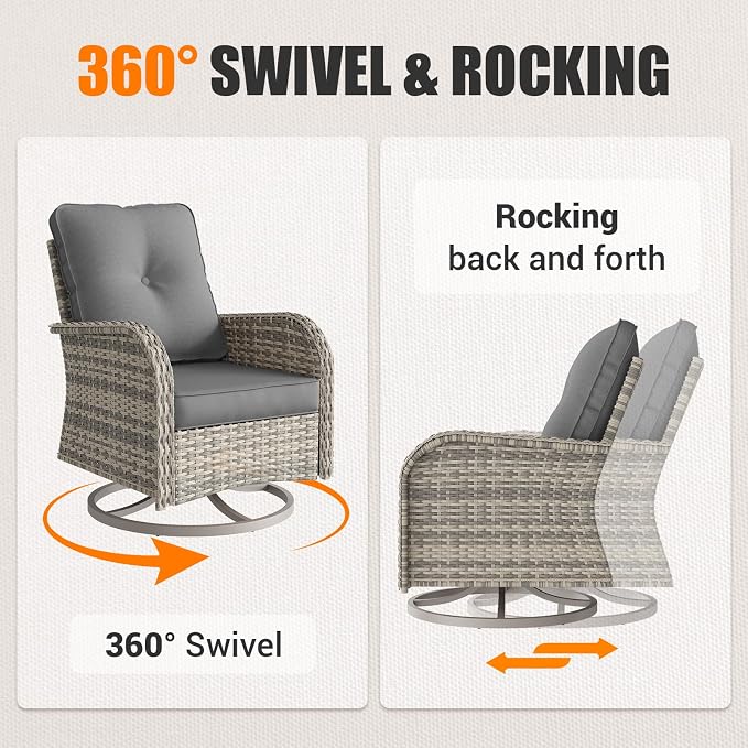 Outdoor Patio Furniture Set Patio Rocking Swivel Chair with Tempered Glass Side Table, Outdoor Wicker Rattan Bistro Set with Ottomans for Garden, Deck, and Balcony, Grey