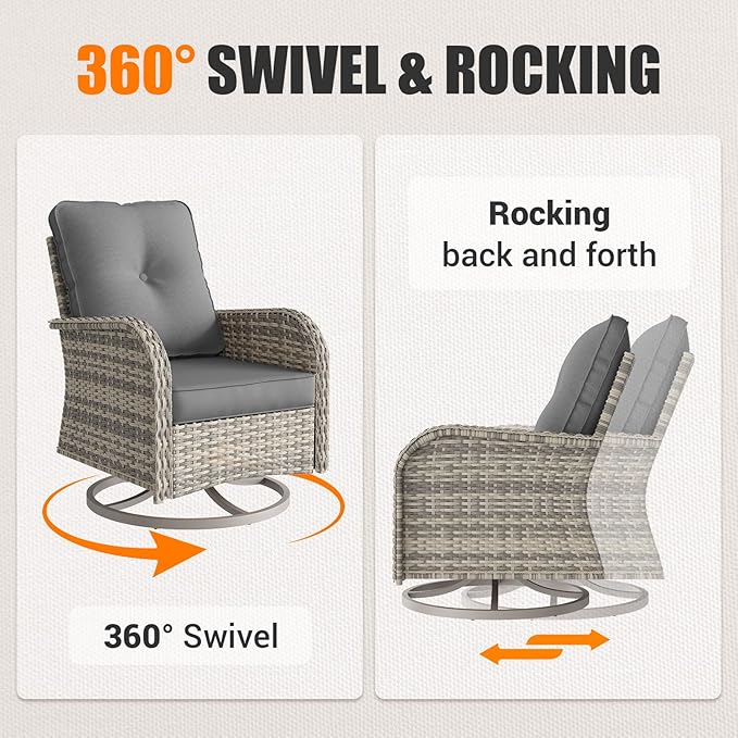 15-Piece Outdoor Patio Furniture Set with Rocking Swivel Chair, Wicker Rattan Sectional Sofa Conversation Set with Tempered Glass Table with Ottomans, Backyard Furniture, Grey