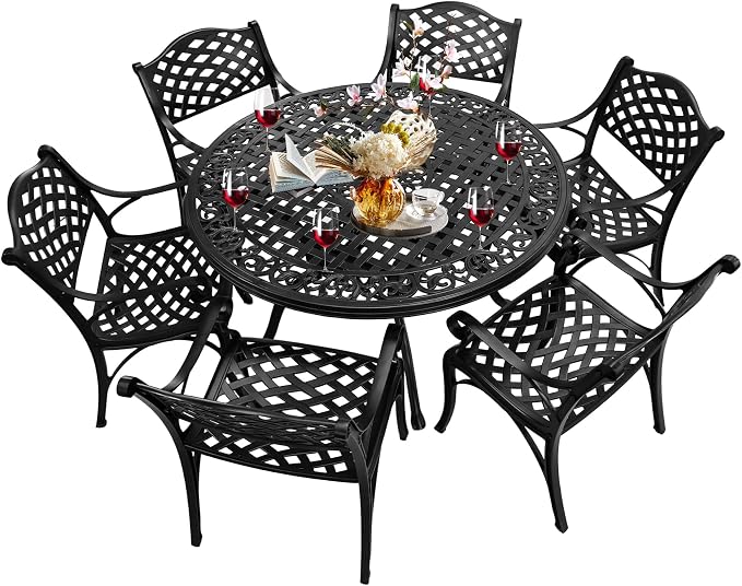 Patio Dinning Set Weather Resistant Cast Aluminum Patio Furniture Set with Umbrella Hole, Bistro Dining Set for Garden (48" x 48" Table B and 6 Chairs Black, 7 Pieces)