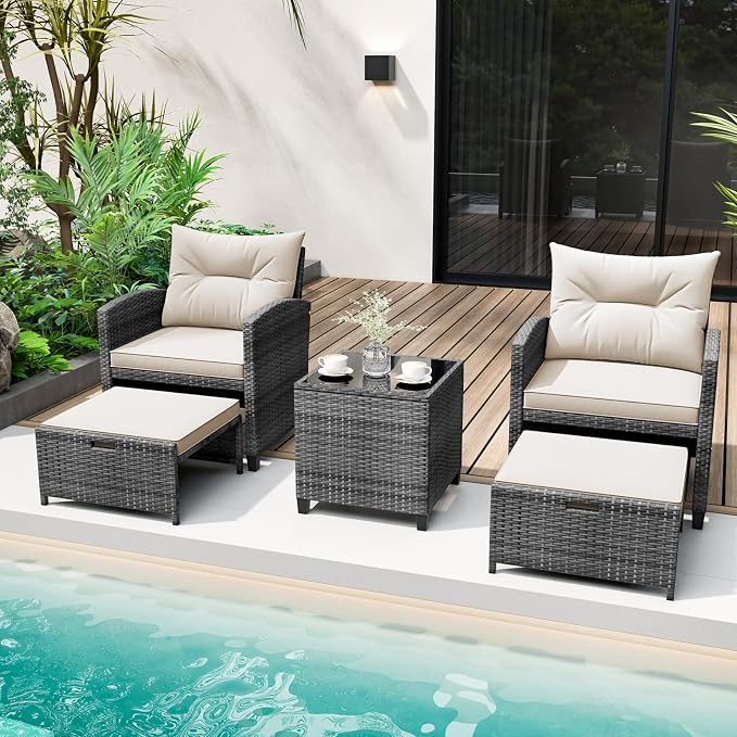 COSTWAY 5-Piece Rattan Conversation Set, Outdoor Wicker Sofa, Tempered Glass Coffee Table & Ottomans for Small Space, Boho Chic Indoor/Outdoor Furniture Set for Poolside, Backyard, Deck (White)