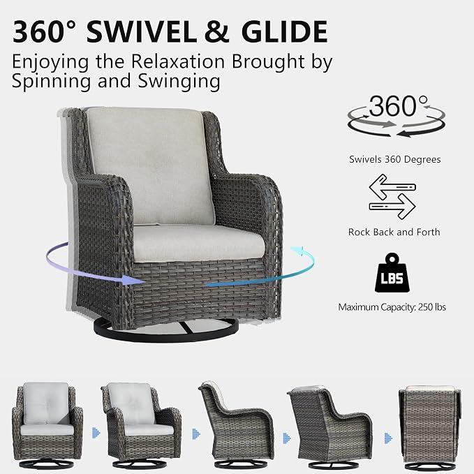 Outdoor Swivel Rocker Patio Chairs Set of 2 - Outdoor Wicker Swivel Glider Chairs 2 Pieces with Olefin Fabric Cushions Suitable for Backyard Deck and Porch(Mixed Grey/Beige)