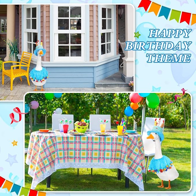 Aliceset Happy Birthday Porch Goose Outfit Lawn Goose Clothes Hat and Tutu Collar Goose Outfits for 23" Cement/Plastic Porch Goose Outdoor Statue Patio Yard Lawn Art(Blue)