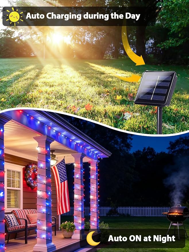 Solar String Lights Outdoor 2 Pack 200 LED Christmas Lights Red White Blue | 8 Lighting Modes, Memory Function, Auto On/Off, 66FT Waterproof Twinkle Lights for Outside Patio Yard Xmas Tree Decorations