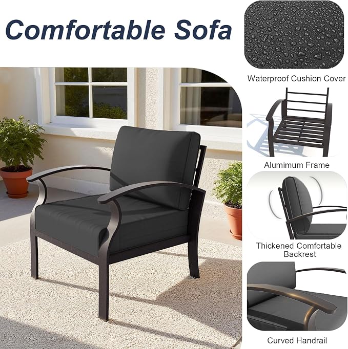 ALAULM Aluminum Patio Furniture Set with Propane Fire Pit Table 5-seat Metal Outdoor Furniture w/Fire Pit Sectional Sofas w/5.1" Cushions for Patio, Backyard, Poolside-Black