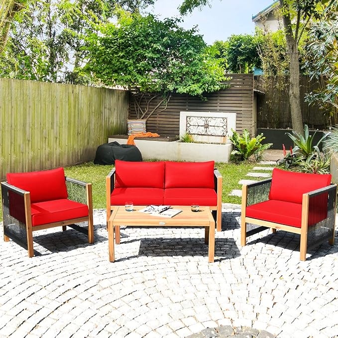Tangkula Outdoor Wood Furniture Set, Acacia Wood Frame 2 Loveseat Sofa, 4 Single Chairs and 2 Coffee Table, 8 Pieces Conversation Set with Cushions, Garden Balcony Poolside Outdoor Living Set (2, Red)