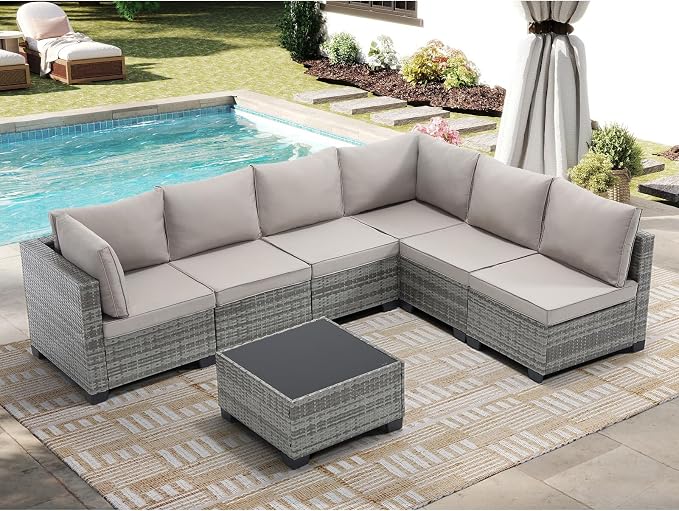 CANMOV 7 Pieces Patio Furniture Sets, All Weather Outdoor Patio Conversation Set, PE Wicker Rattan Sectional Sofa Couch Glass Coffee Table Washable Cushions for Backyard Garden, Poolside, Khaki