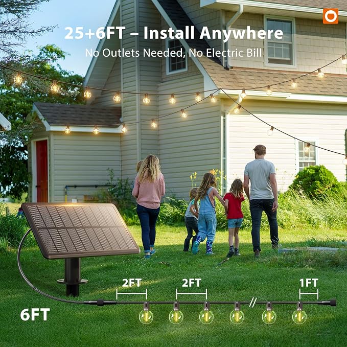 addlon 25FT Solar Powered Outdoor String Lights Waterproof with Remote G40 | Solar Powered String Lights with 13 LED Shatterproof Bulbs, 3 Light Modes, Dimmable Solar Lights for Outside Bistro Cafe