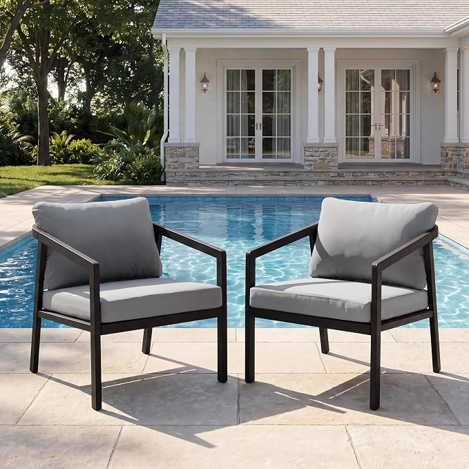 Patio Sofa Chairs Set of 2, Never-Rust Aluminum Outdoor Club Chairs with Washable Thick Cushions, All-Weather Modern Armchair Set for Porch, Deck, Garden, Backyard (Black+Grey)