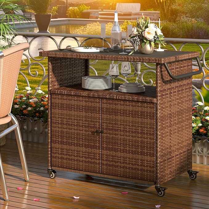 Wicker Outdoor Storage Cabinet with Wheels, Patio Grill Tables for Outside, Outdoor Storage Cabinet for Garden Buffets, Parties, Poolside Gatherings in Brown