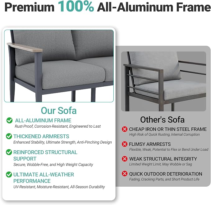 Aluminum Outdoor Patio Furniture Set 4-Seat, Patio Conversation Set Sectional Furniture Set with High Backrest & Thickened Cushions for Garden, Backyard, Poolside, Grey