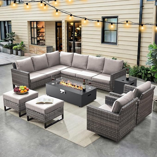 HUMMUH 9 Piece Patio Furniture Set,Outdoor Sectional Sofa Couch & Swivel Rocker Chairs,Propane Firepit with Hidden Fuel Tank,Outdoor Conversation Set for Porch,Garden,Backyard