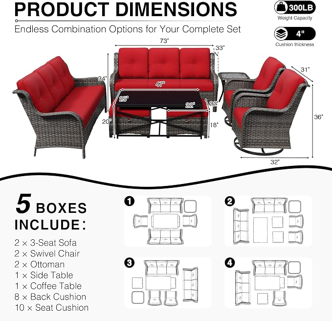 Joyside 8 Piece Wicker Patio Furniture Set, Outdoor Swivel Rocker Patio Chairs with High Back, Deep Seating, Wide Armrest, Thickened Cushions, Outdoor Furniture for Deck, Porch Use