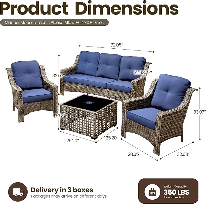4 Piece Patio Furniture Set with Solar Light Coffee Table, Heavy Duty Wicker High Back Sofa Chairs with Thick Cushion, Small Outdoor Conversation Sets for Backyard Garden Porch, Navy Blue