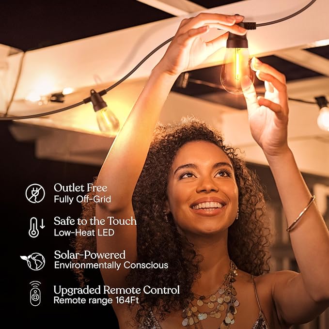 Brightech Ambience Pro Solar String Lights & Remote, Commercial Grade 48 ft | Dimmable Outdoor String Lights, Waterproof Patio Lights, 15 Shatterproof LED Edison Bulbs for Outside & Porch, 4W Soft White