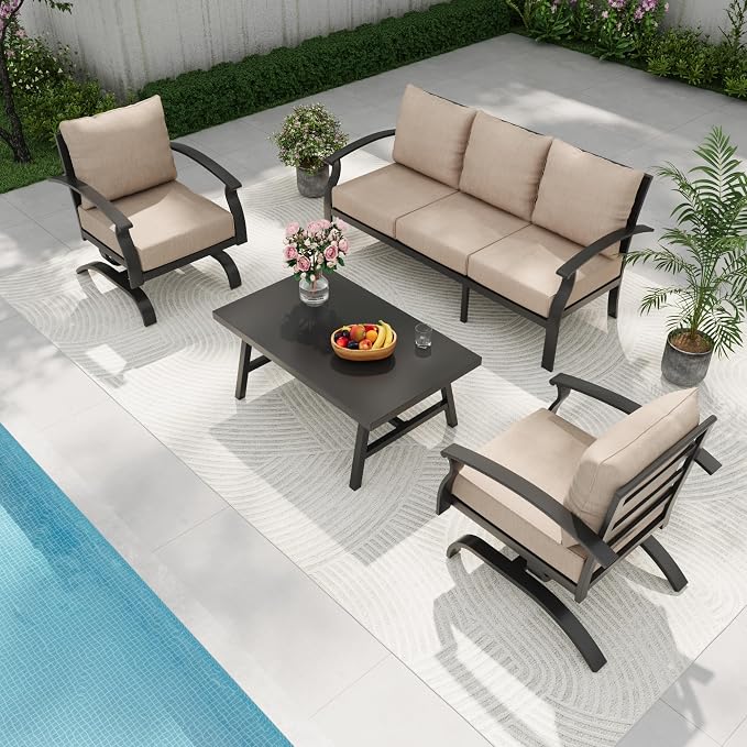 Gotland Metal Outdoor Patio Furniture Set with Coffee Table, 4 Piece Patio Conversation Set with Washable Cushion Covers, Metal Frame Sectional Sofa Furniture Set for Porch, Balcony, Deck, Yard