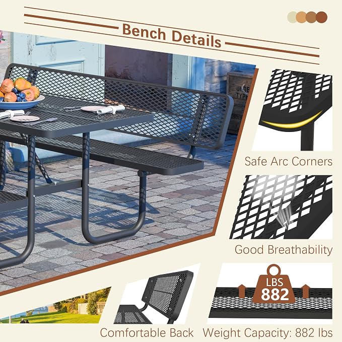 72'' Heavy Duty Outdoor Picnic Table with Backrest - Commercial Grade Rectangular Steel Picnic Table Set, Umbrella Hole, Rust-Resistant Metal Mesh Tabletop for Patio, Garden, Park, BBQ - Black