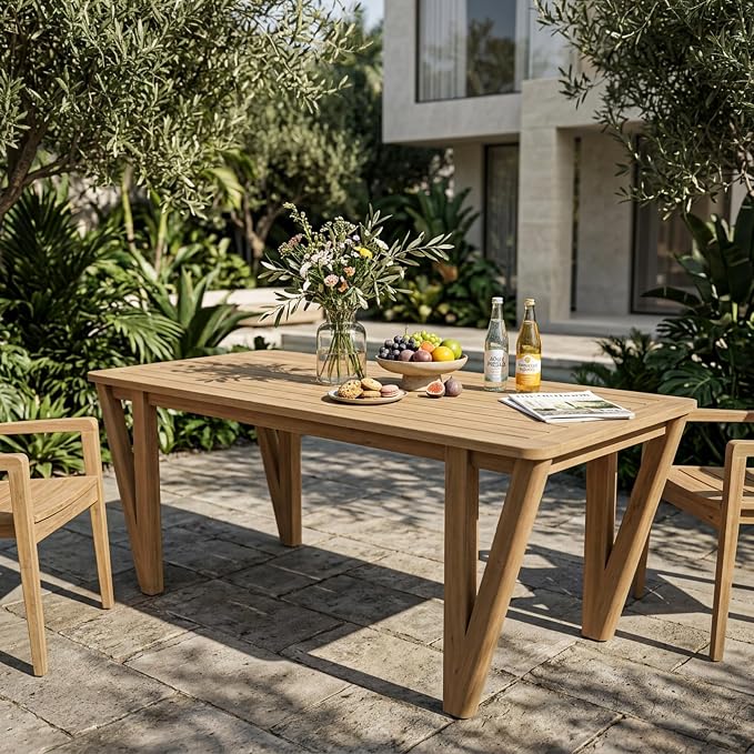 Christopher Knight Home Cara 70.75" L Acacia Wood Outdoor Dining Table, Sturdy Rectangular Patio Table for 6-8 People, Farmhouse Patio Dining Table with Slatted Design and V-Shaped Legs, Light Teak