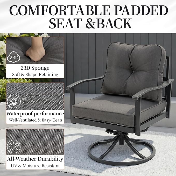 Outdoor Patio Furniture Set, 2 Pcs Swivel Chairs and Coffee Table, All-Weather Metal Modern Outside Furniture with Washable Thick Cushion for Garden/Backyard/Porch, Grey
