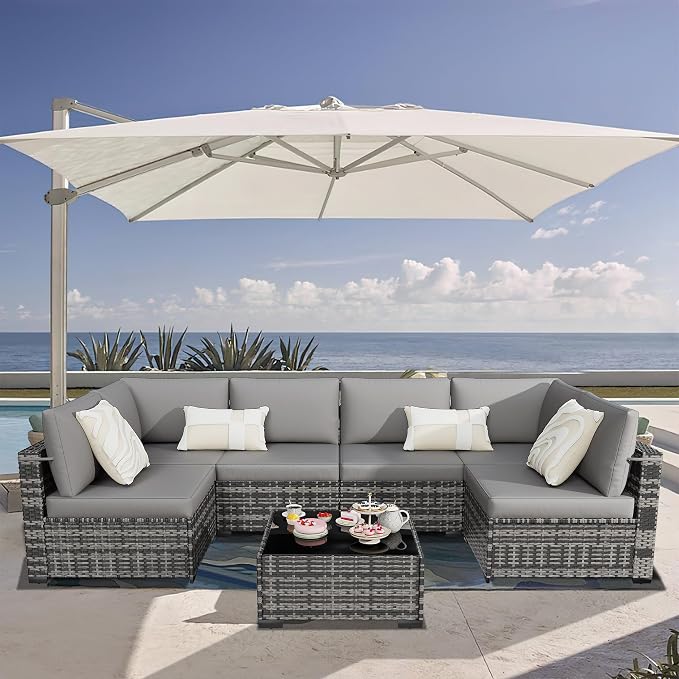 KIGOTY Patio Furniture Set,7 Pieces Modular Outdoor Sectional Sofa, PE Rattan Patio Conversation Set, All Weather Wicker Patio Furniture with Cushions and Coffee Table（Light Grey/Light Grey）